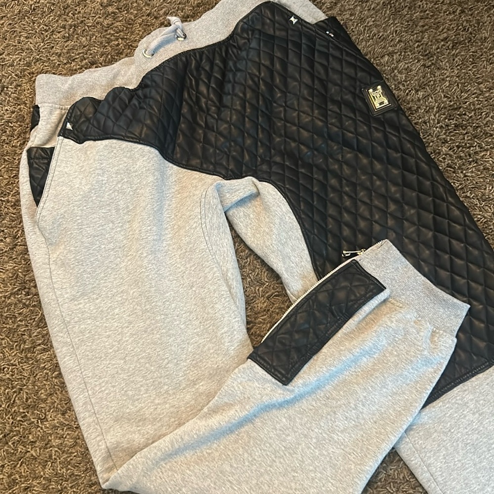 Forte Grey Black Leather Patchwork Sweatpants Mens Size 2XL; RN 141122